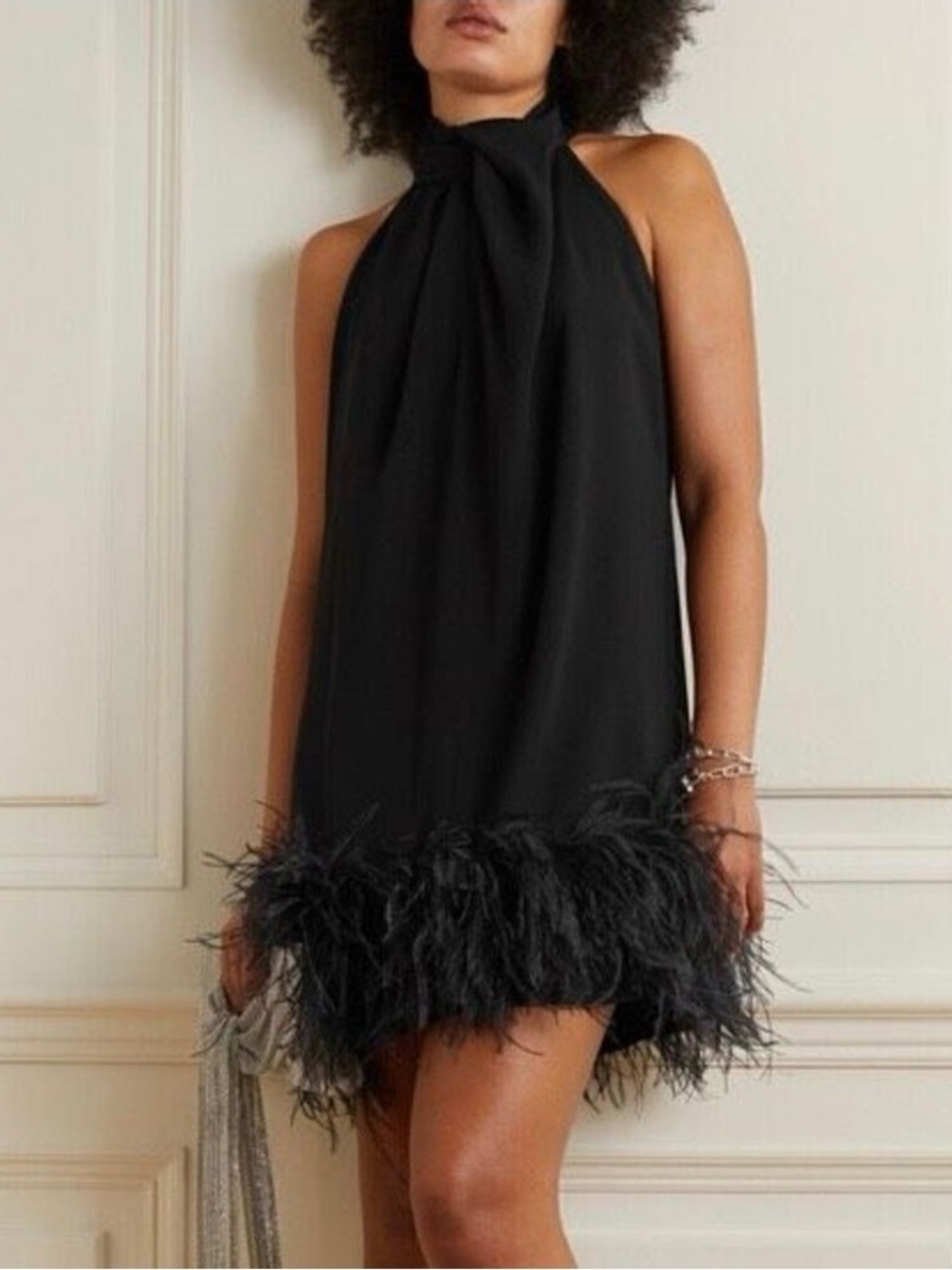 Eliza J Black Halter Mini Dress with Feather Hem